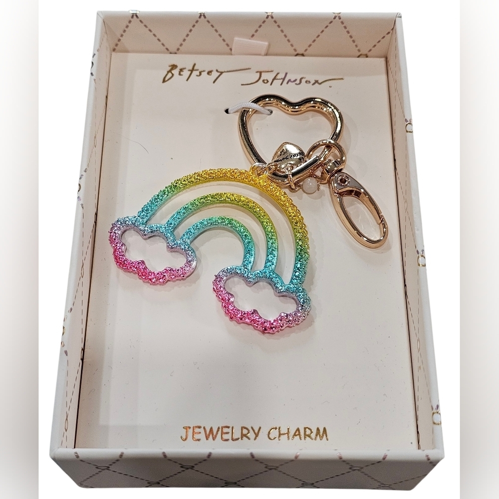 Betsey Johnson Glitter Rainbow Cloud Keychain Charm with Gold Hardware, New